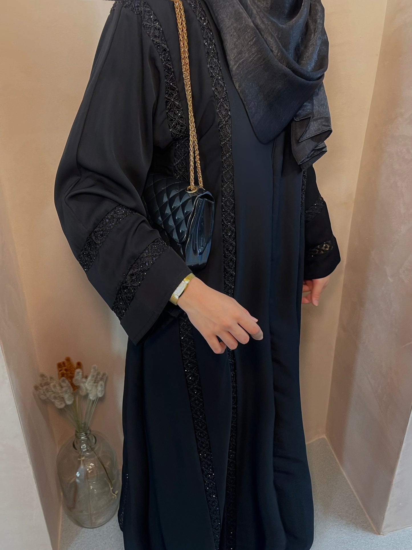 Balck lace embroidery detail open abaya