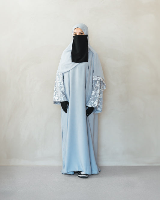 Washed bluish grey hand embroidered open abaya with slip dress