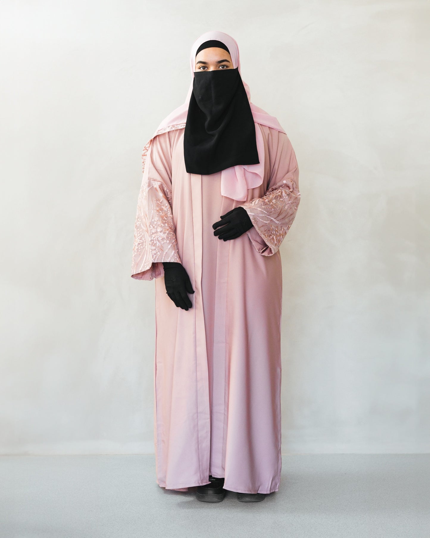 Pink hand embroidered open abaya with slip dress