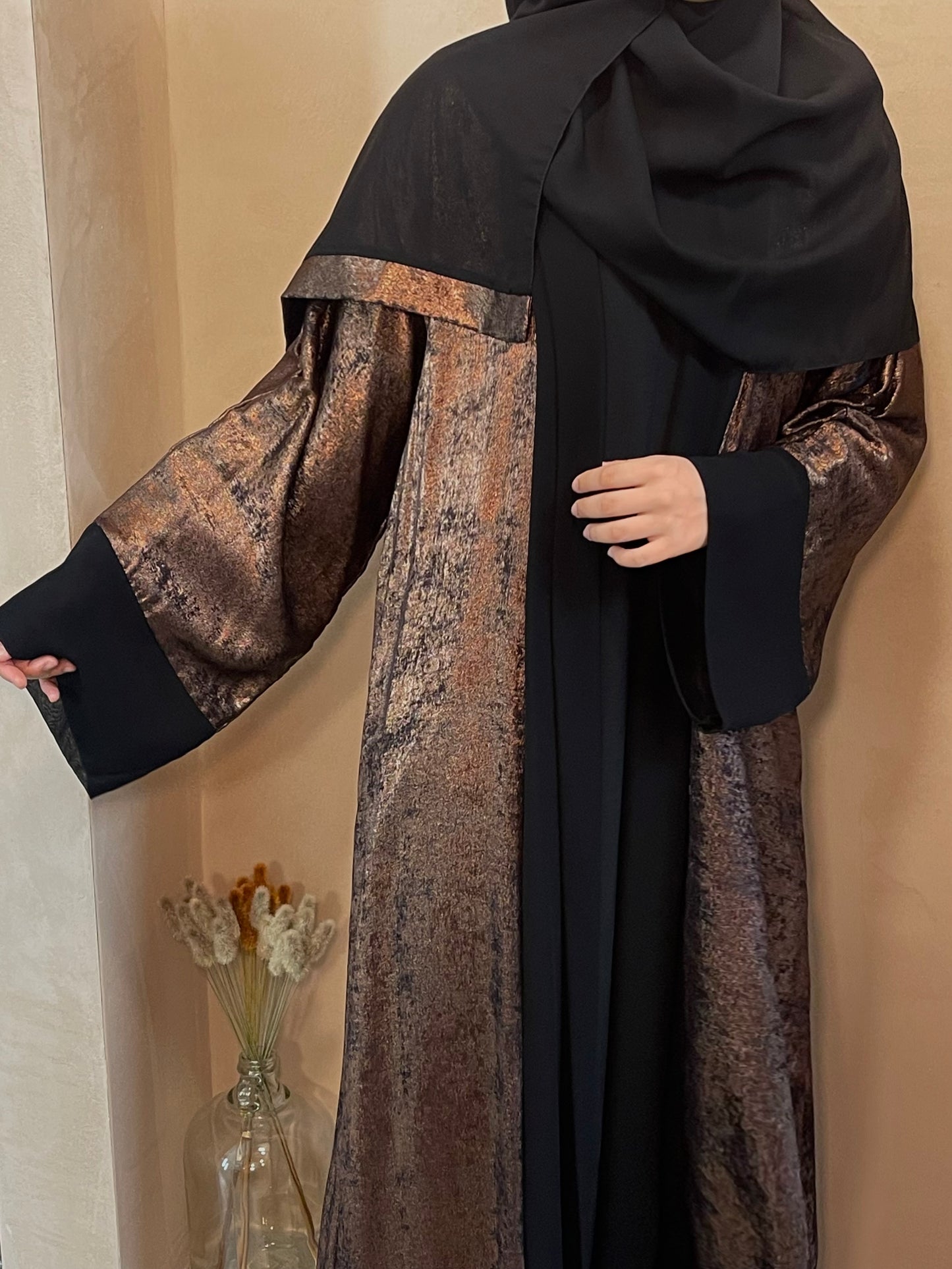 Dusty bronze chrome open abaya 3 piece set