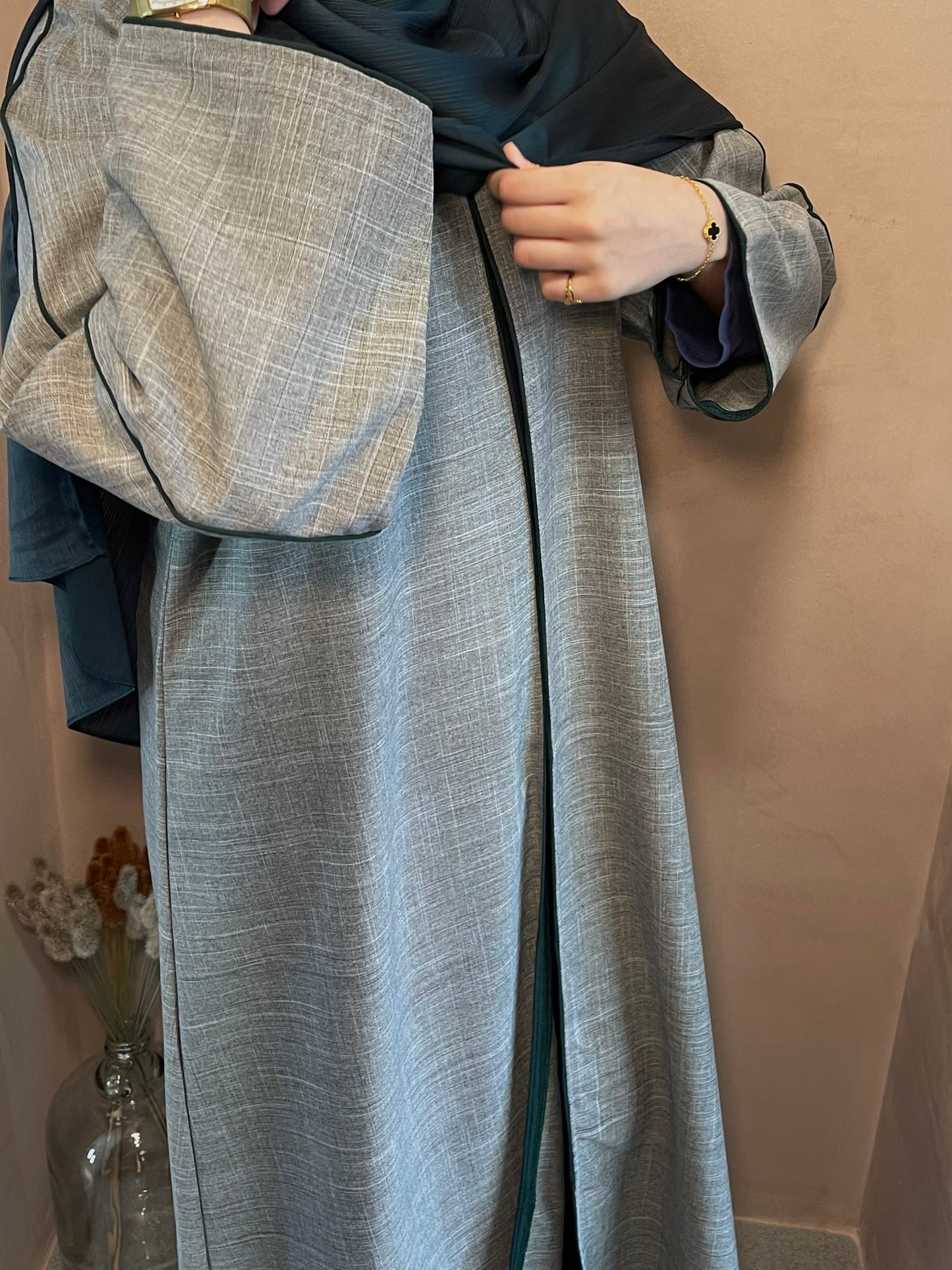 Grey linen open abaya with forest green piping detail