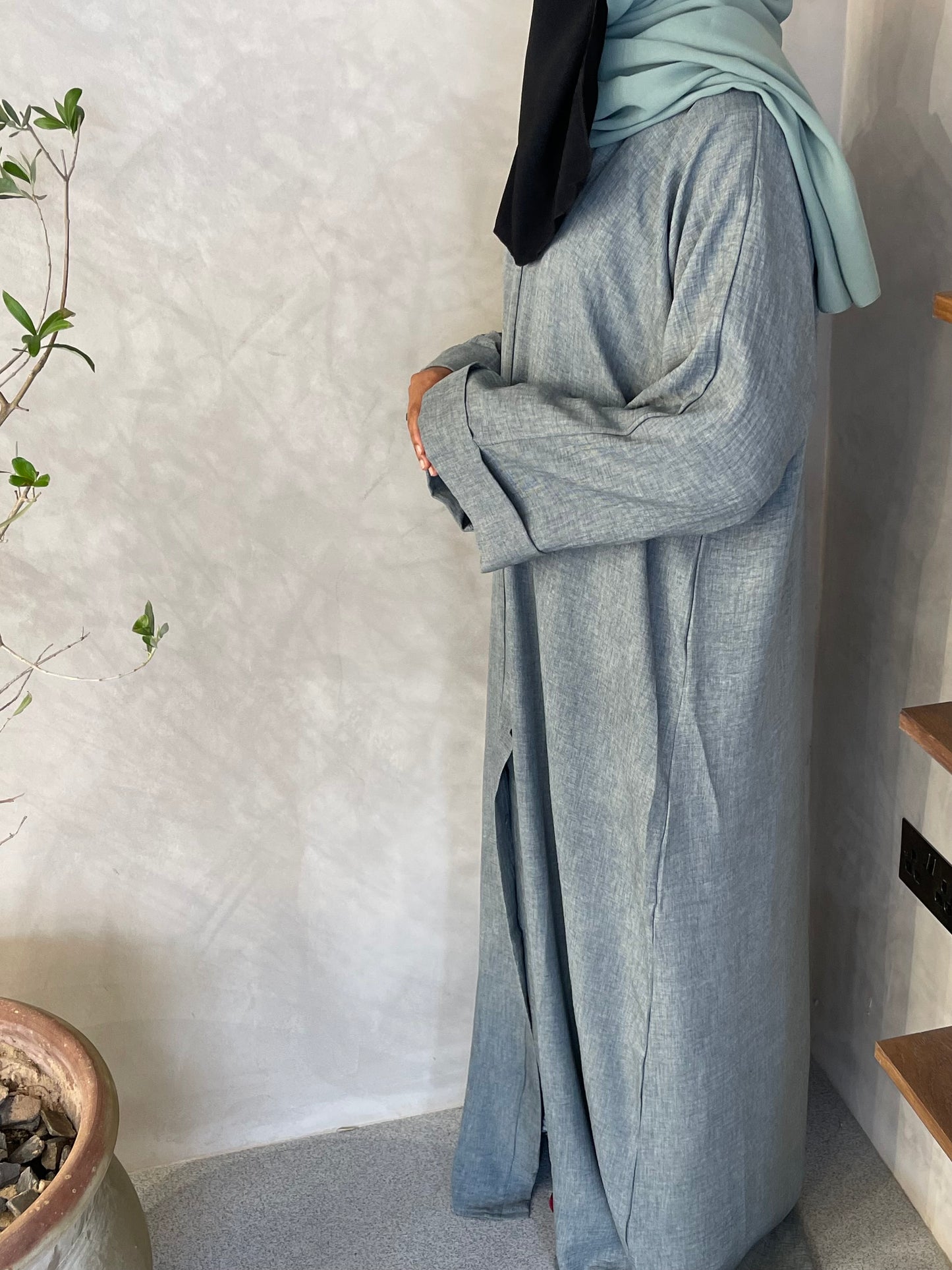 Cadet blue linen cuff abaya