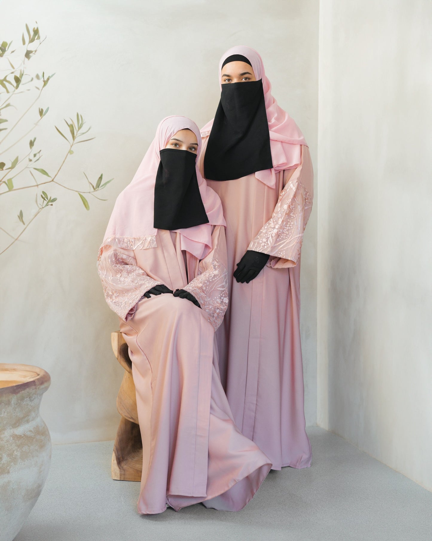 Pink hand embroidered open abaya with slip dress