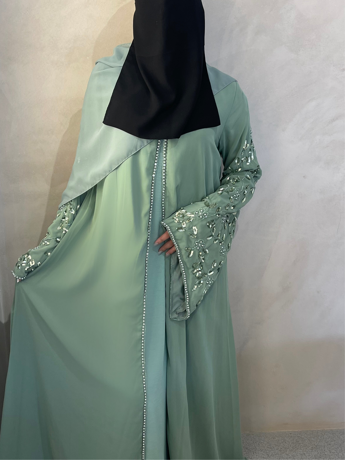 Mint Hedicote Embroidery Open Abaya