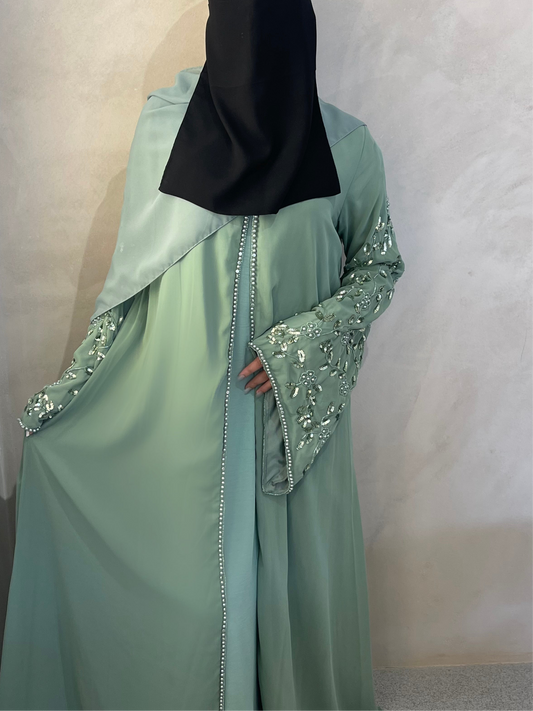 Mint Hedicote Embroidery Open Abaya