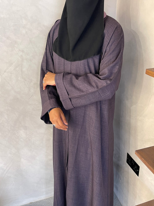 Plum linen cuff sleeve open abaya