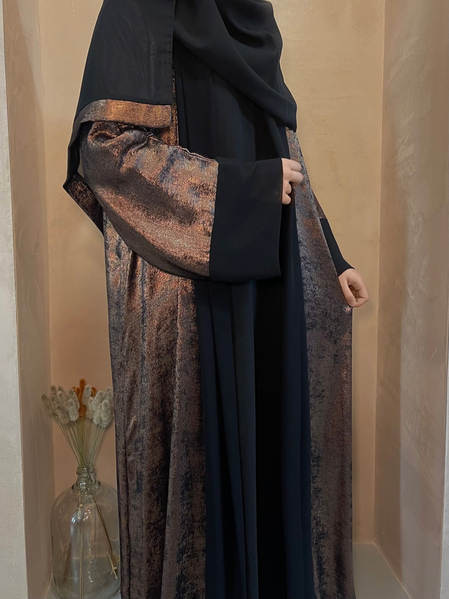 Dusty bronze chrome open abaya 3 piece set