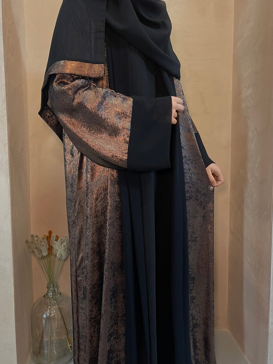 Dusty bronze chrome open abaya 3 piece set