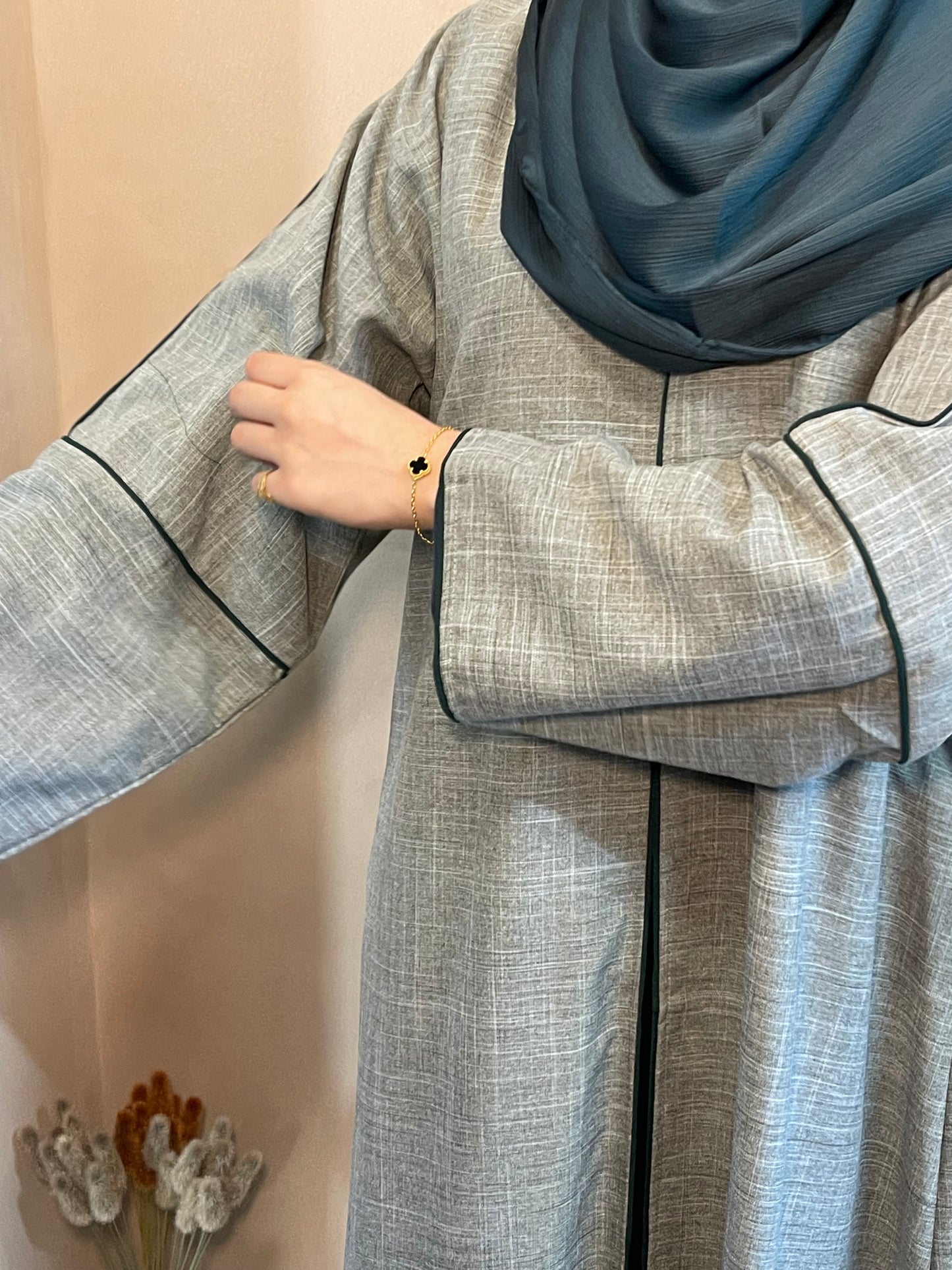 Grey linen open abaya with forest green piping detail