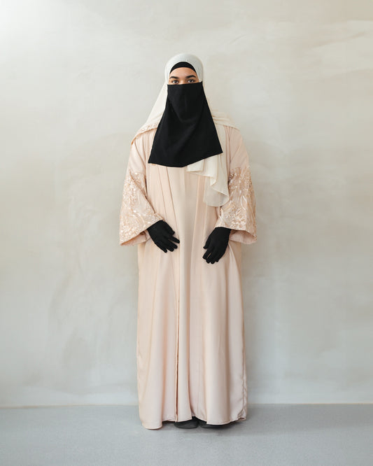 Peach hand embroidered open abaya with slip dress