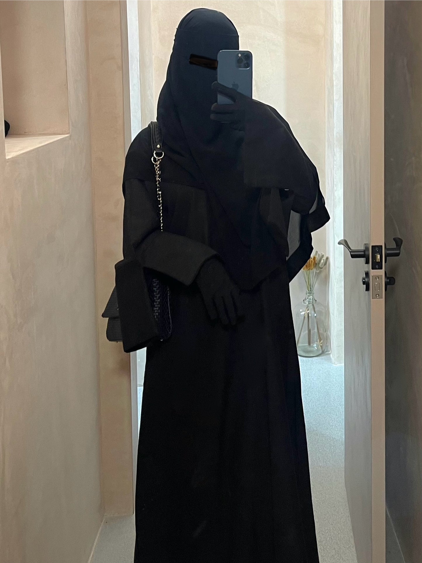 Black double split cuff closed abaya 2 piece set