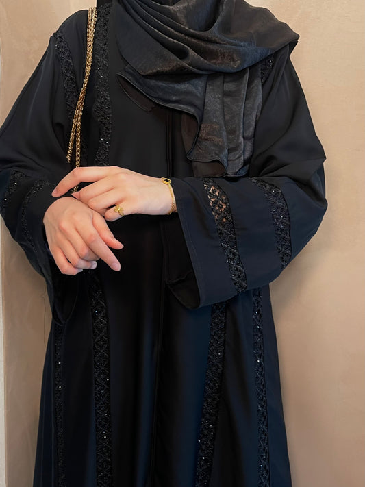 Balck lace embroidery detail open abaya