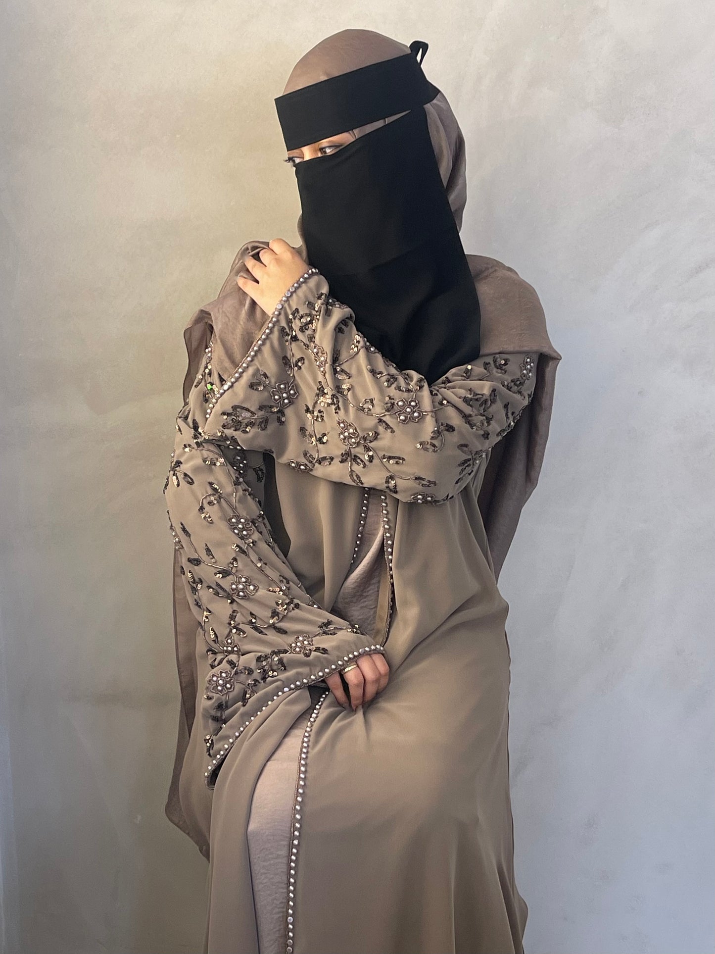 Mocha Hidcote Embroidery Open Abaya