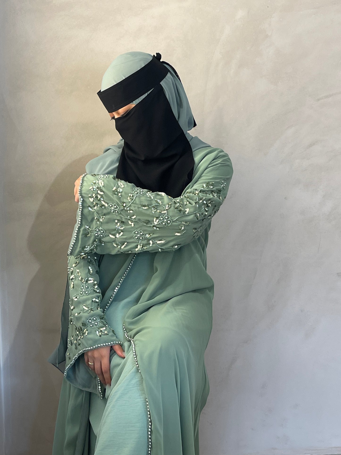 Mint Hedicote Embroidery Open Abaya