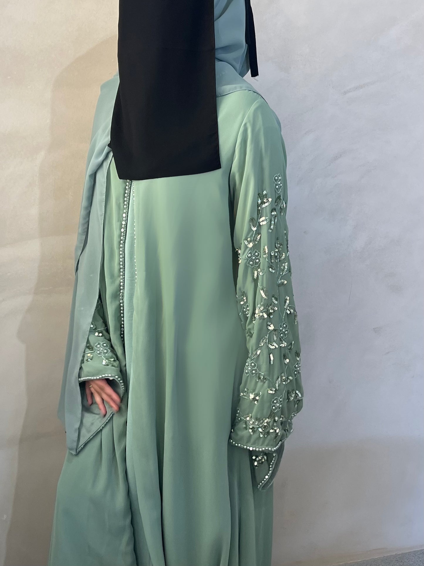 Mint Hedicote Embroidery Open Abaya