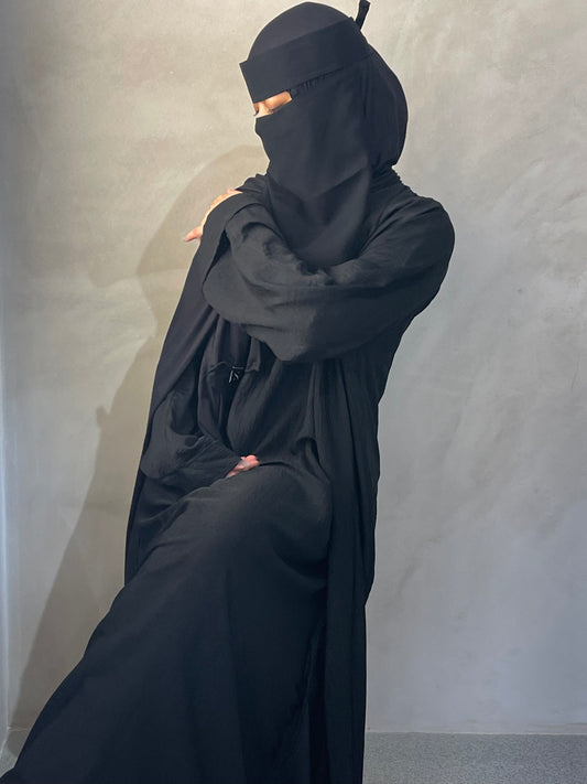 Black Crushed Satin Open Abaya 2 piece set